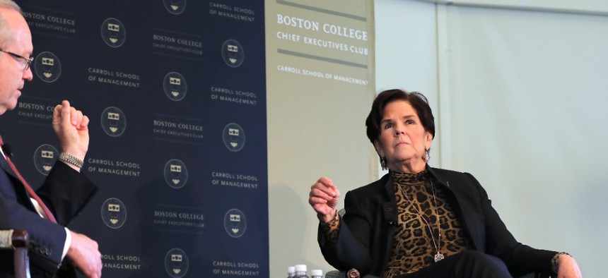General Dynamics CEO Phebe Novakovic is seen here being interviewed by Raytheon CEO Thomas Kennedy during the Boston College Chief Executives Club luncheon in Boston on June 11, 2019.