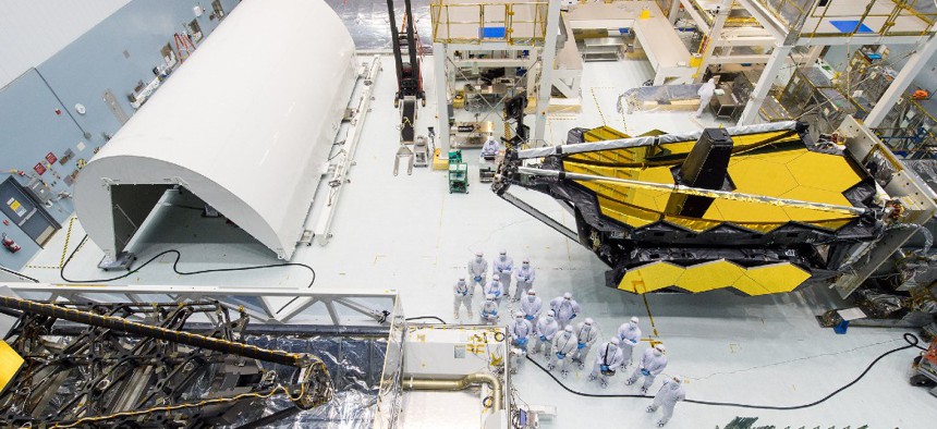 The flight "telescope segment" of the James Webb Space Telescope sits in the cleanroom at NASA Goddard in 2017.