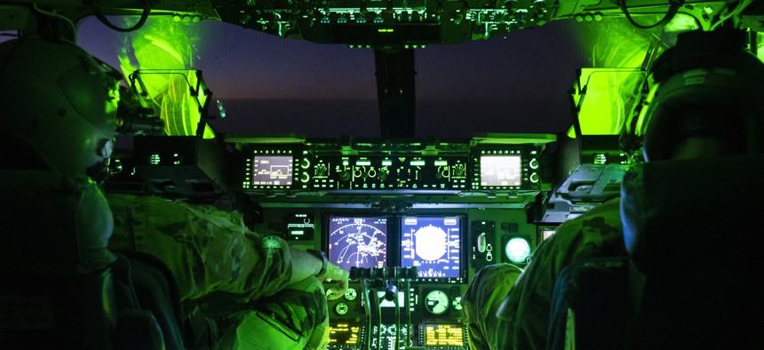 Pilots operate an Air Force C-17 Globemaster III above CENTCOM’s area of responsibility in the Middle East and Central and South Asia.