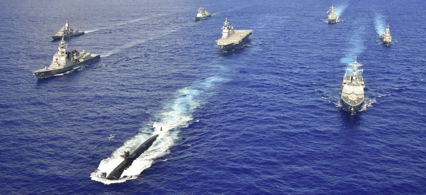 Navy warships sail in formation with Australian, Korean and Japanese vessels during Pacific Vanguard in the Pacific Ocean, Sept. 14, 2020.