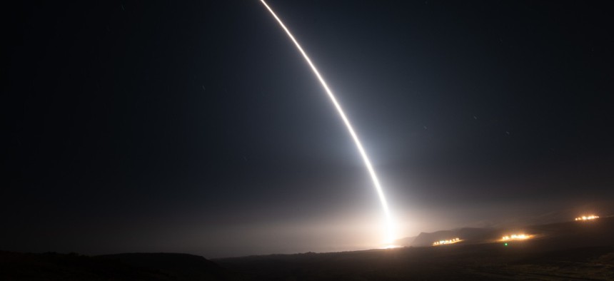 An unarmed Minuteman III intercontinental ballistic missile launches from Vandenberg Space Force Base, California, during an Air Force Global Strike Command operational test.