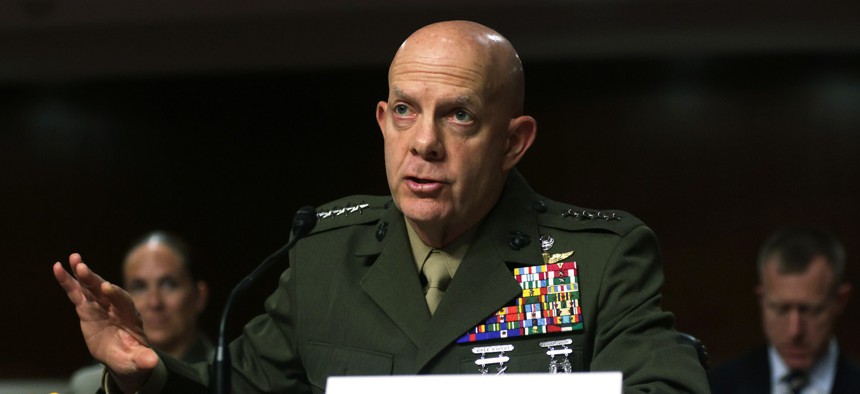 U.S. Marine Corps General David Berger, shown here at a 2021 Senate hearing, signed the Marine Corps Doctrinal Publication on information today.