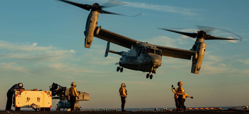 Marines conduct MV-22 Osprey flight operations in the Atlantic Ocean, July 11, 2022.