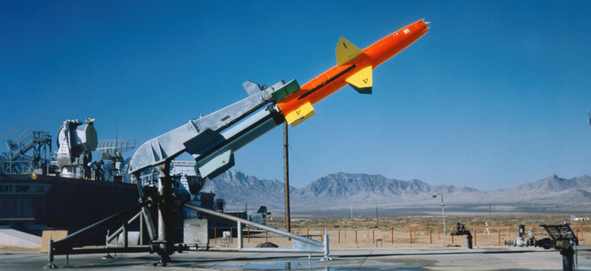 A Talos surface-to-air guide missile prepares for testing at White Sands Missile Range in New Mexico.