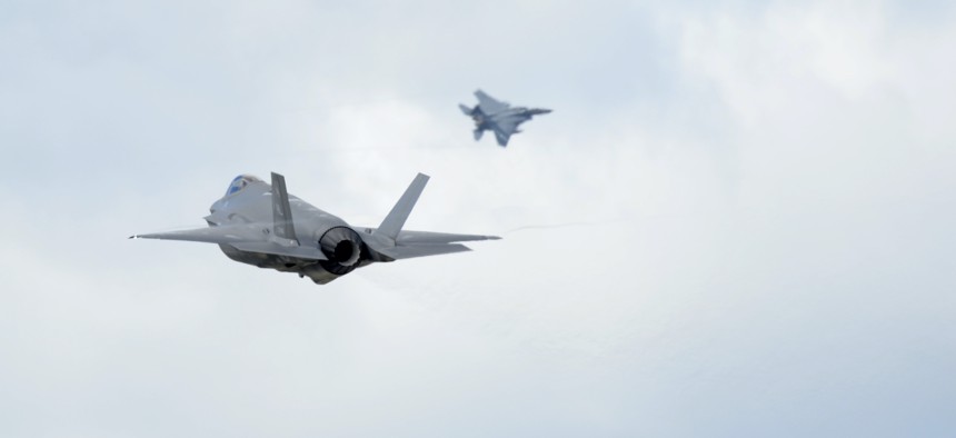 An F-35A Lightning II from the 34th Fighter Squadron at Hill Air Force Base, Utah, takes off at Royal Air Force Lakenheath, England, April 25, 2019..