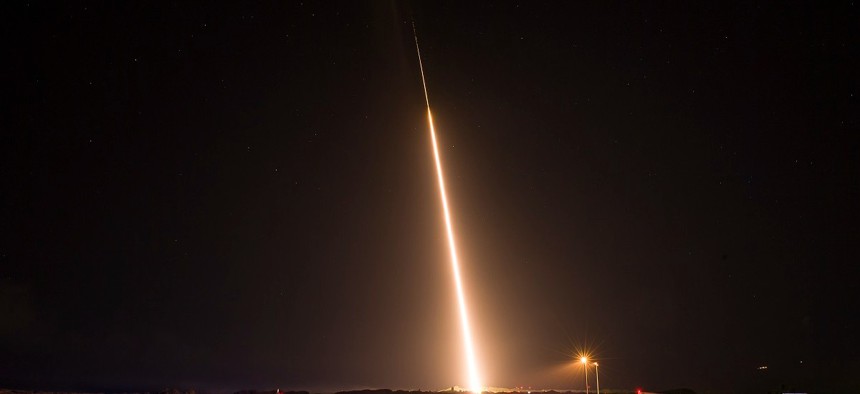 An Aegis Ballistic Missile Defense (BMD) intercept flight test from 2018.