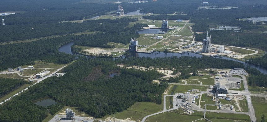 Aerial view of two testing facilities at the Stennis Space Center.