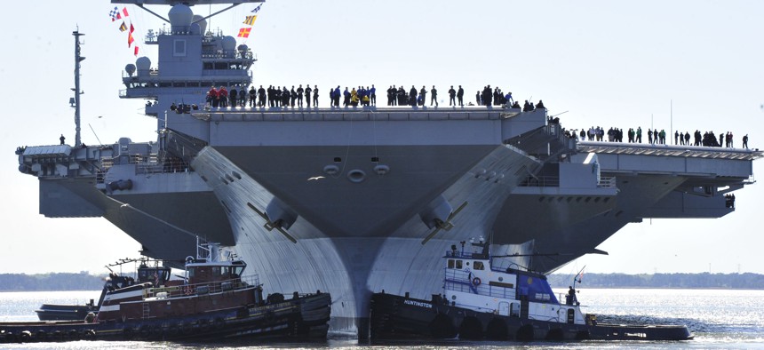 The USS Gerald Ford aircraft carrier prepares for sea trials after HII compleed construction in 2017.