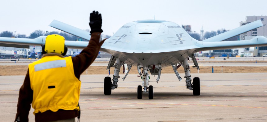 A MQ-25 Stingray aerial refueling drone taxied at Boeing's plant in St. Louis, Mo., in 2018.