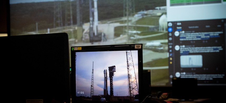 A rocket prepares for launch at the Kennedy Space Center in Florida.