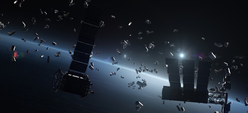 3D Render of space debris around planet Earth