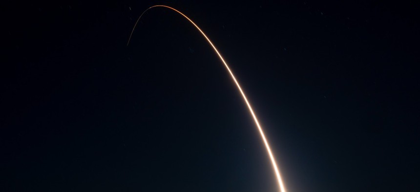 An unarmed Minuteman III intercontinental ballistic missile launches from Vandenberg Space Force Base, California, during an Air Force Global Strike Command operational test.