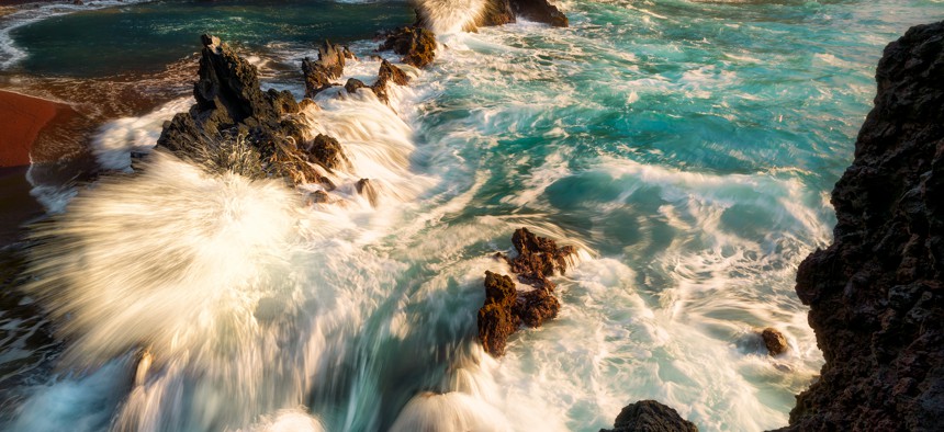 Red Sand Beach, also known as Kaihalulu Beach, near Hana, Hawaii.