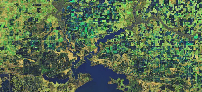 Satellite imagery of flooded rice fields in Louisiana.