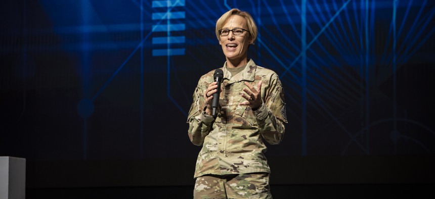 Air Force Research Laboratory Commander Maj. Gen. Heather Pringle delivers opening remarks at an agency conference in 2022.