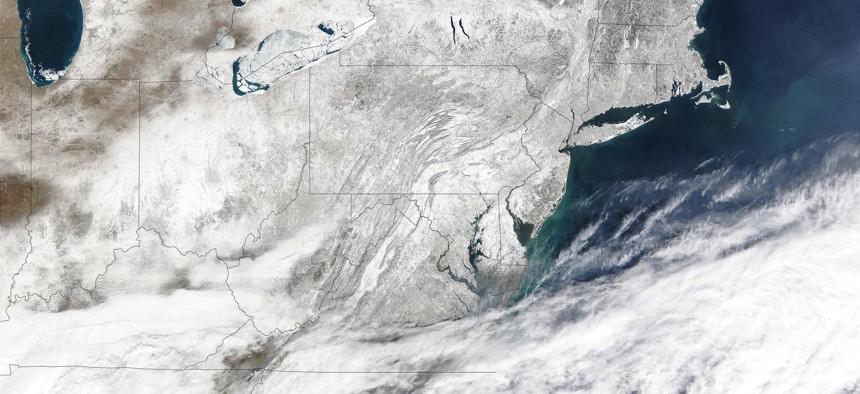 Satellite imagery of the northeast United States after a large snowstorm.