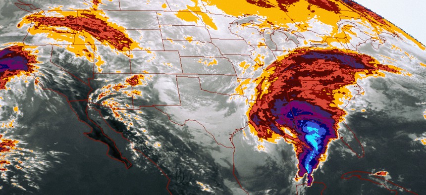 Satellite imagery of storm systems over North America.