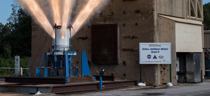 In this 2019 photo, the jettison motor built by Aerojet Rocketdyne for the Launch Abort System on NASA's Orion spacecraft is tested at U.S. Army Redstone Test Center.