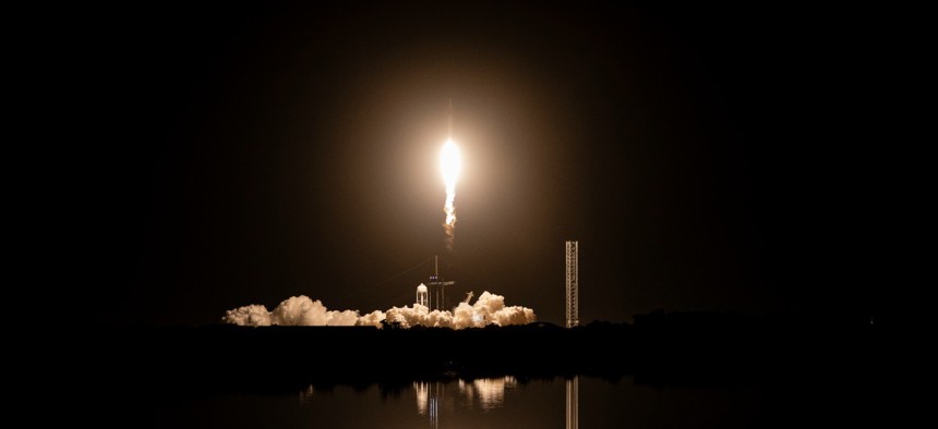 A SpaceX Falcon 9 rocket with the Crew Dragon spacecraft carrying NASA's SpaceX Crew-7 mission lifts off from the Kennedy Space Center on Aug. 26, 2023 in Cape Canaveral, Florida