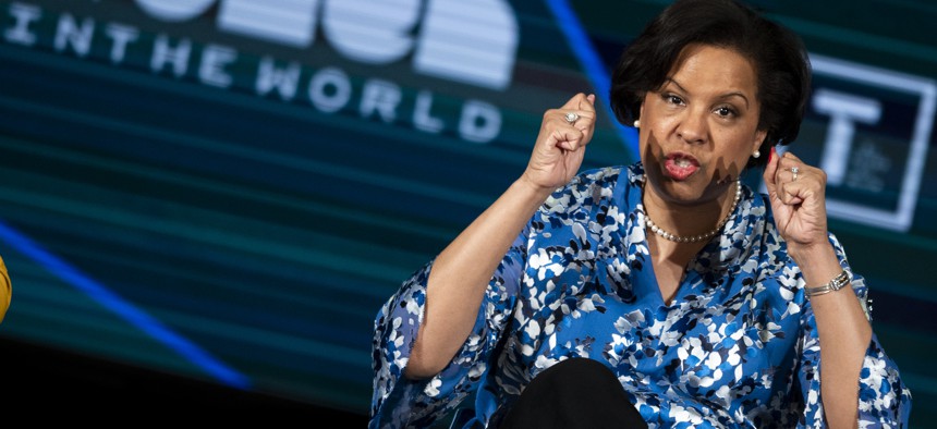 Toni Townes-Whitley, new CEO of SAIC, speaking at the Women in the World Summit in 2019.