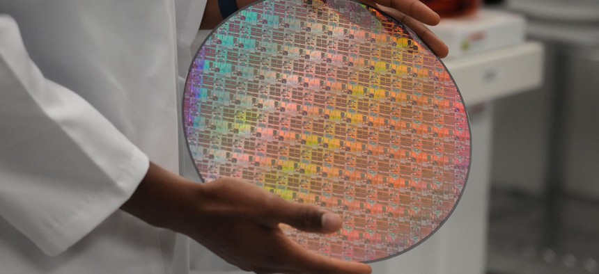 A silicon wafer etched with chips. 