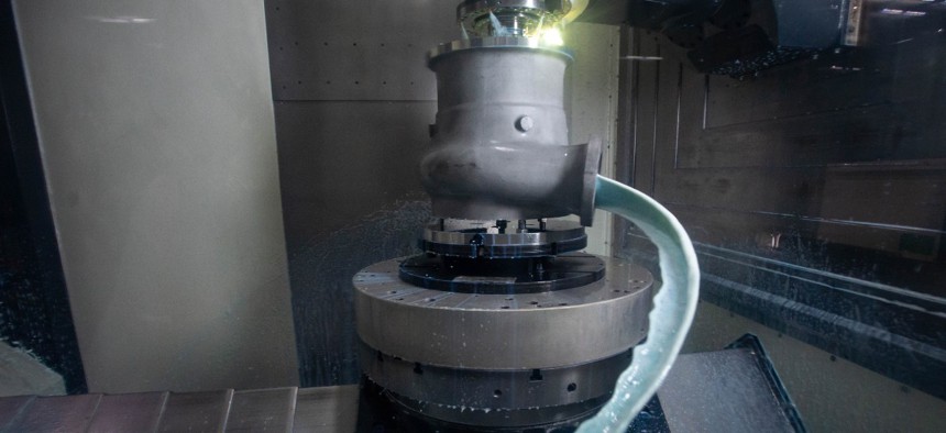 A RS-25 low pressure fuel turbo pump being machined at an Aerojet Rocketdyne facility in Canoga Park, California.