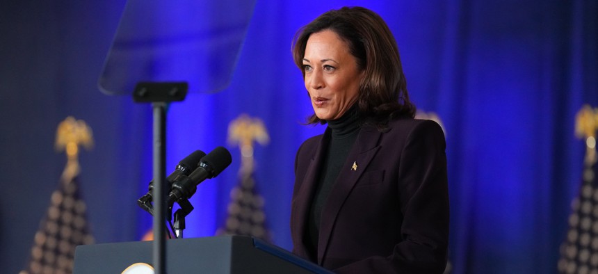 Vice President Kamala Harris speaks on AI policy at the U.S. Embassy in London, England.
