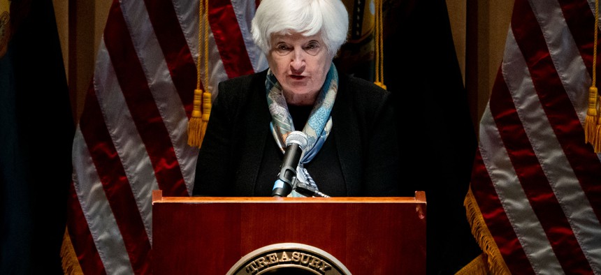 U.S. Treasury Secretary Janet Yellen speaks about goals for the 2024 tax filing season at IRS headquarters in Washington, D.C.