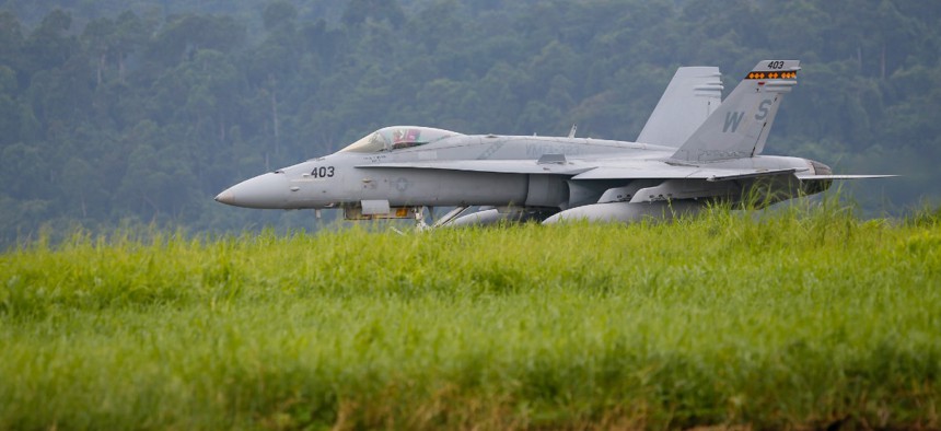 An F/A-18 Hornet fighter jet seen during a military exercise at Subic Bay, the former U.S. naval base located in Manila, Philippines in July 2023.