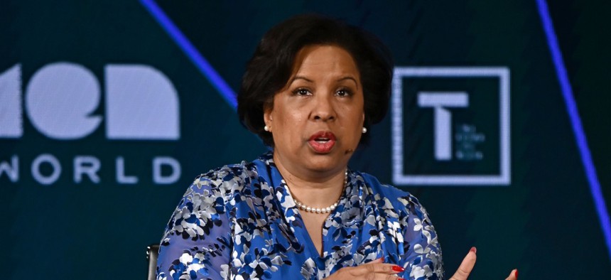 Toni Townes-Whitley speaking at the 10th Anniversary Women In The World Summit - Day 2 on April 11, 2019, in New York City. 