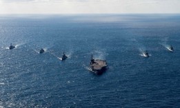 Ships from the naval forces of the U.S., Japan and South Korea sail together during a trilateral exercise in January.