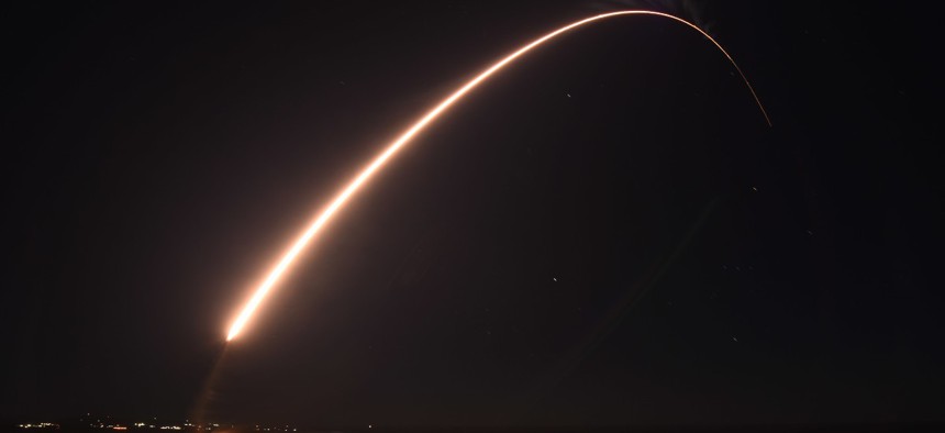 An unarmed Minuteman III intercontinental ballistic missile launches during an operation test on Feb. 23, 2021 at Vandenberg Air Force Base in California.