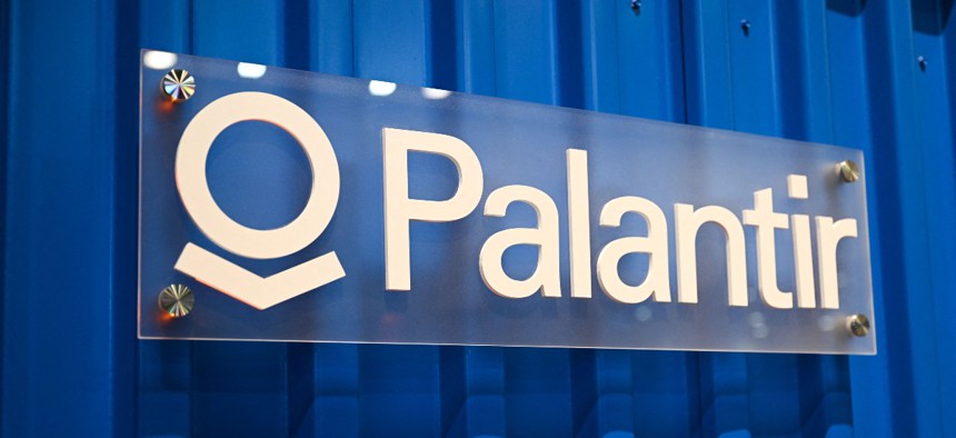 The Palantir logo on display in its booth during the Consumer Electronics Show in Las Vegas in January 2023.