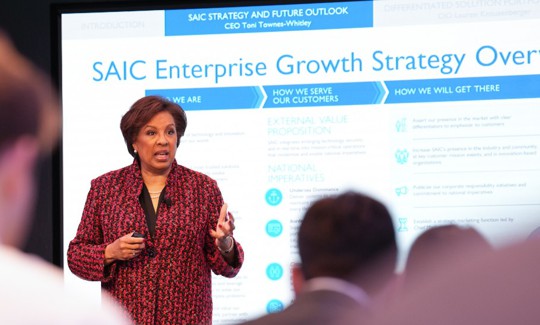 SAIC CEO Toni Townes-Whitley briefs 2024 Investor Day attendees on the company's new enterprise growth strategy.