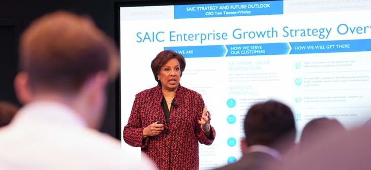 SAIC CEO Toni Townes-Whitley briefs 2024 Investor Day attendees on the company's new enterprise growth strategy.