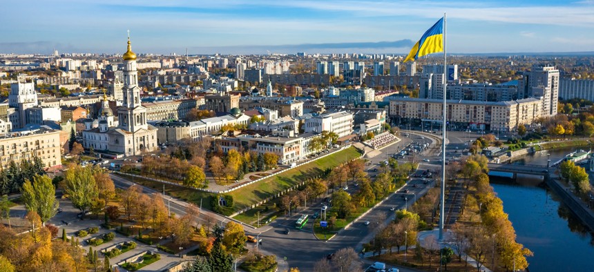Aerial view of the city of Kharkiv in Ukraine.