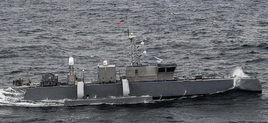 A Seahawk medium displacement unmanned surface vessel at sail on April 21, 2021.