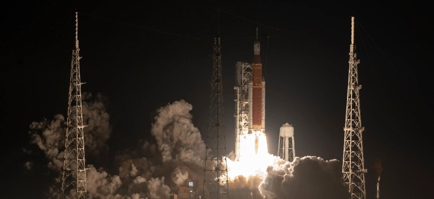 NASA’s Space Launch System rocket carrying the Orion spacecraft launches on the Artemis I flight test in November 2022 at the Kennedy Space Center in Florida.