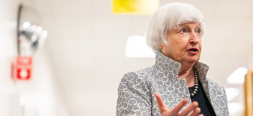 Treasury Secretary Janet Yellen speaks to reporters on a tour of a tax processing facility in Austin, Texas.