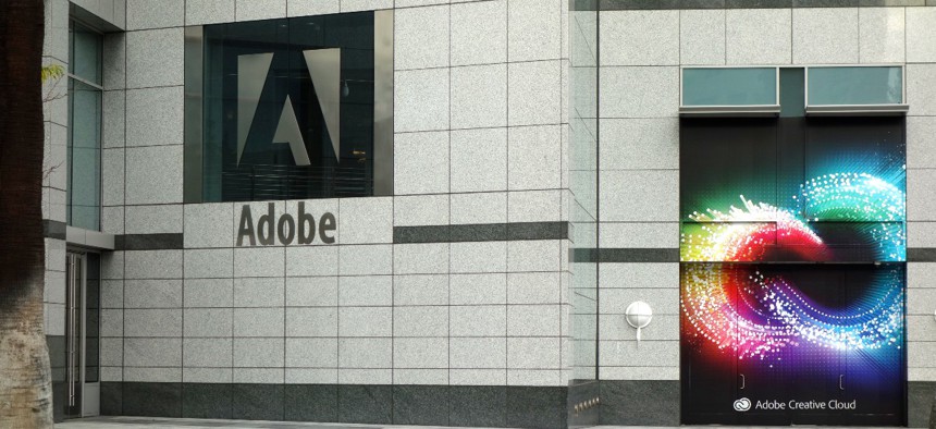 Signage outside of Adobe's corporate headquarters in San Jose, California.