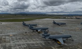 An Air Force KC-10 Extenders line tarmac in February 2023 at Travis Air Force Base, California.