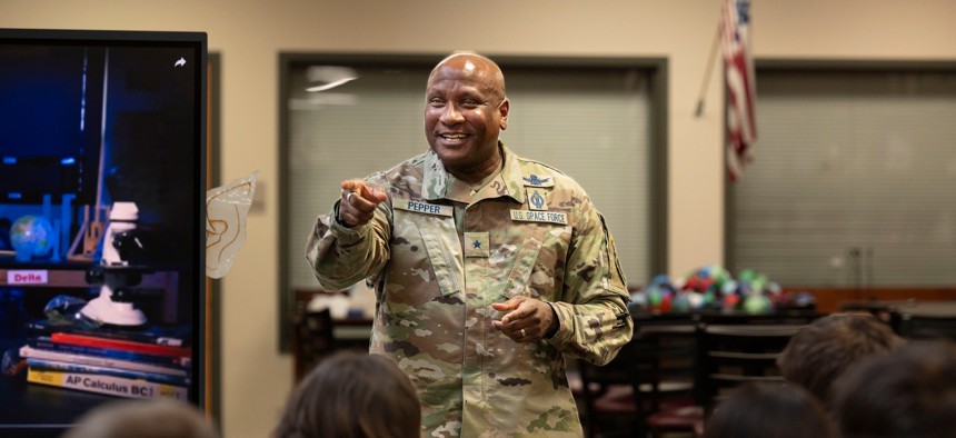 Then-Brig. Gen. Devin Pepper spoke with STEM students at a school in Colorado Springs, Colo., in January 2024.