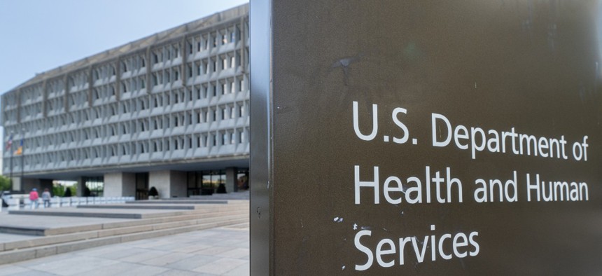 The entrance to the Health and Human Services Department's headquarters building in Washington, D.C.