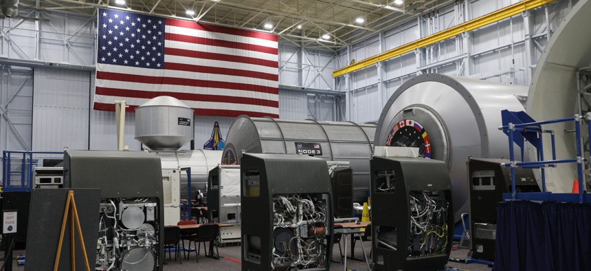 The interior of a space vehicle mockup facility inside NASA's Johnson Space Center in October 2018 in Houston.