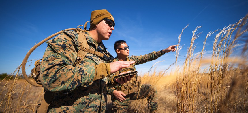 A radio operator with the 23rd Marine Regiment prepares for joint terminal attack controller school on Fort Pickett, Virginia, in 2022. A $269 million Marine Corps IT contract is part of the service's effort to offer the joint force's best JTACs.