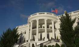 The White House in Washington DC, USA, South front Portico facing trees and garden. 