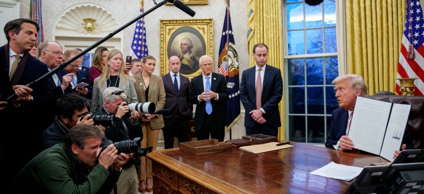 President Trump at a media event in February where he signed several executive orders.