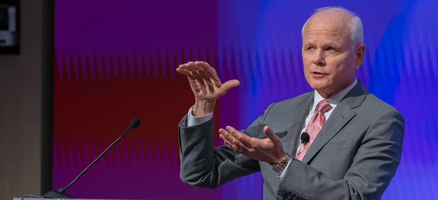 Leidos CEO Tom Bell speaking to employees in person and via an internal telecast to the third quarter CEO Town Hall event in October 2024.