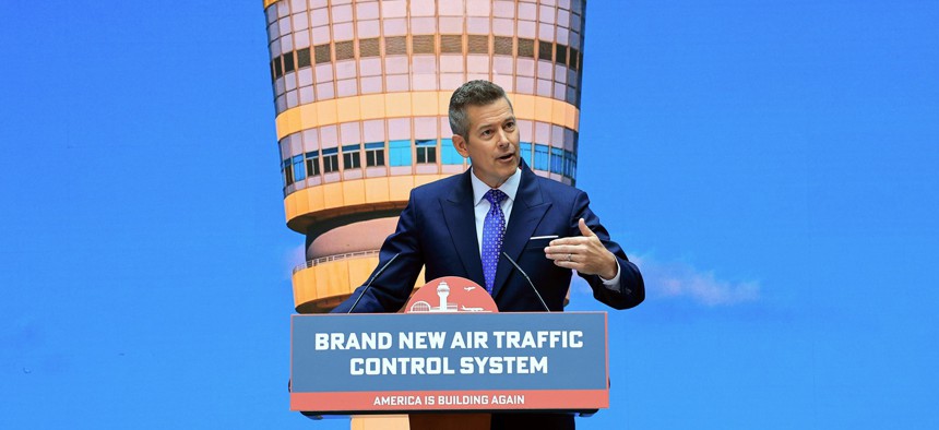 U.S. Secretary of Transportation Sean Duffy speaks at an event unveiling a new U.S. air traffic control system at the Department of Transportation on May 08, 2025 in Washington, DC.