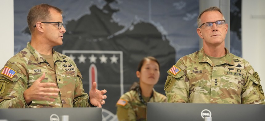 Brig. Gen. Michael Rose, commander of the 3rd Multi-Domain Task Force, hosts Lt. Gen. Joshua Rudd, deputy commander of U.S. Indo-Pacific Command, at Fort Shafter, Hawaii, April 11, 2025.